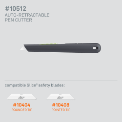 10512, PEN CUTTER LAR, Cutter lame auto-rétractable,  Slice, 10404 (bout arrondi) ou 10408 (bout pointu), vert