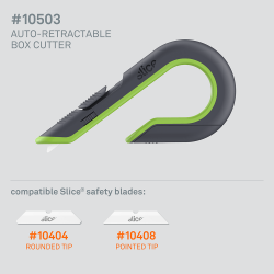 10503, BOX CUTTER LAR, Cutter lame auto-rétractable,  Slice, 10404 (bout arrondi) ou 10408 (bout pointu)., vert